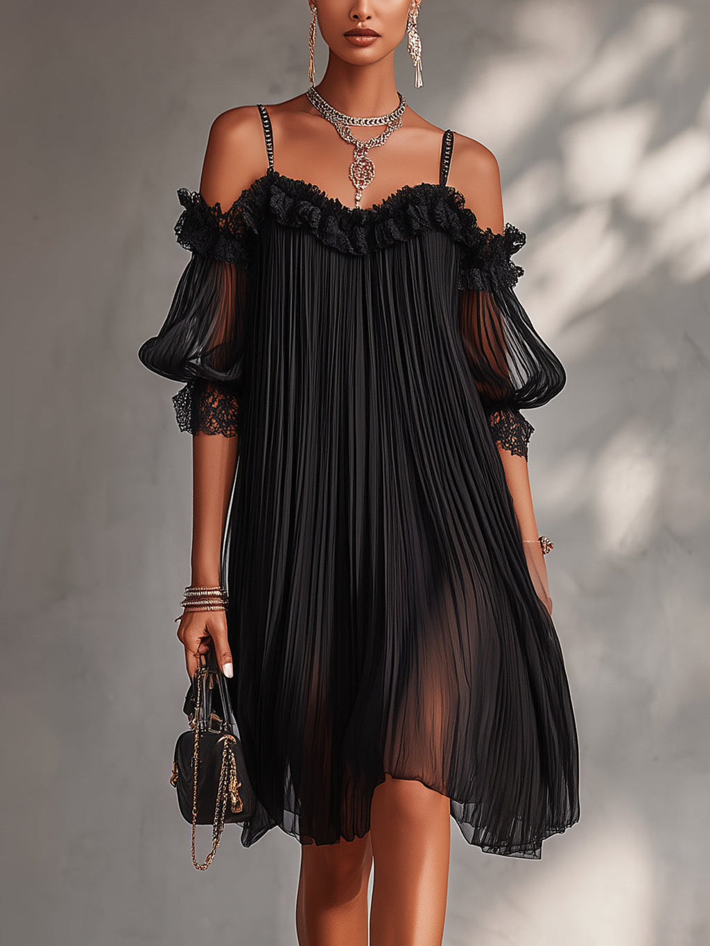 ANDREA | MINIVESTIDO NEGRO CON HOMBROS AL AIRE Y BORDES DE ENCAJE