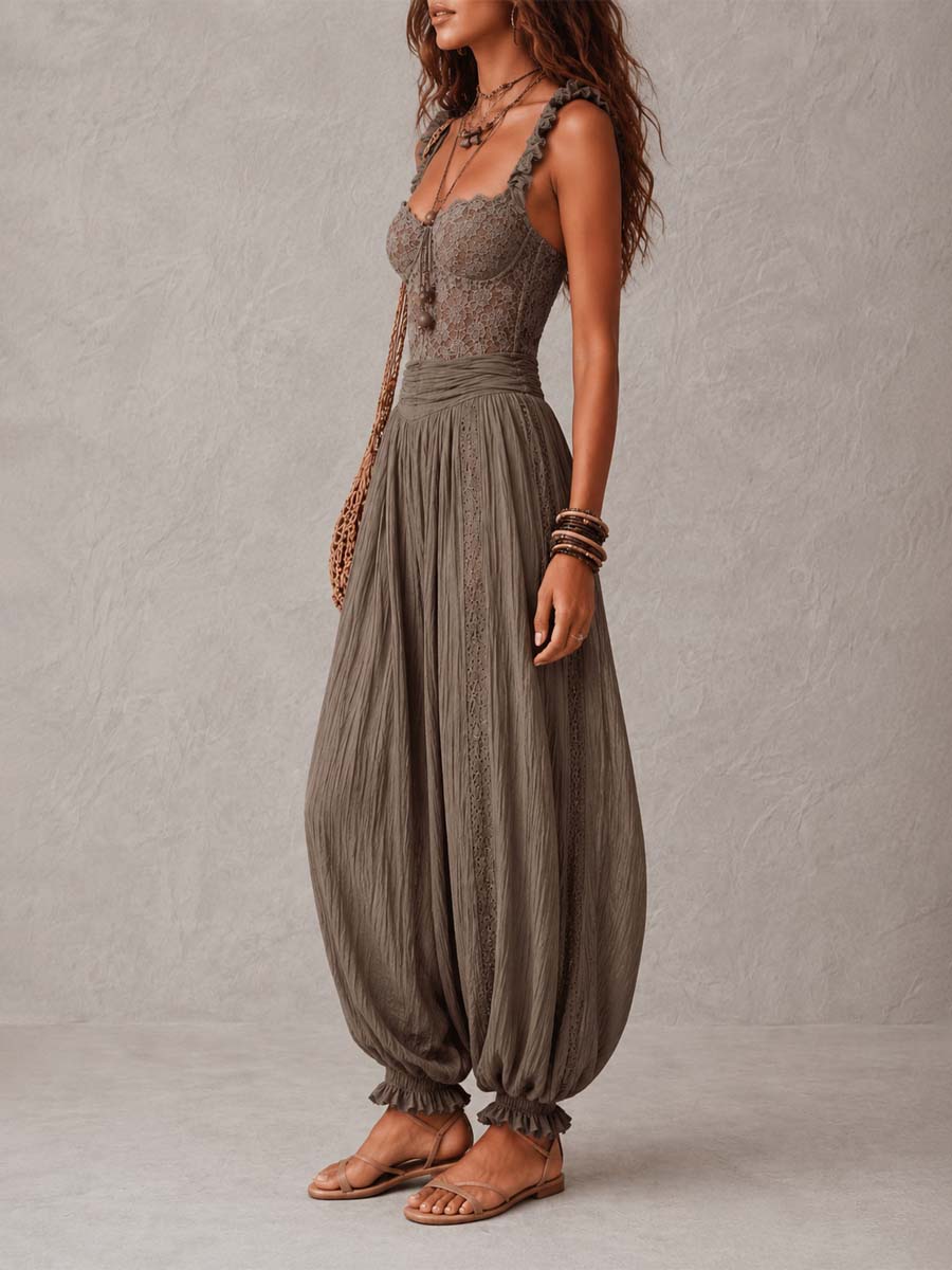 Elena | Conjunto de bandeau de encaje gris y pantalones harem de algodón plisados