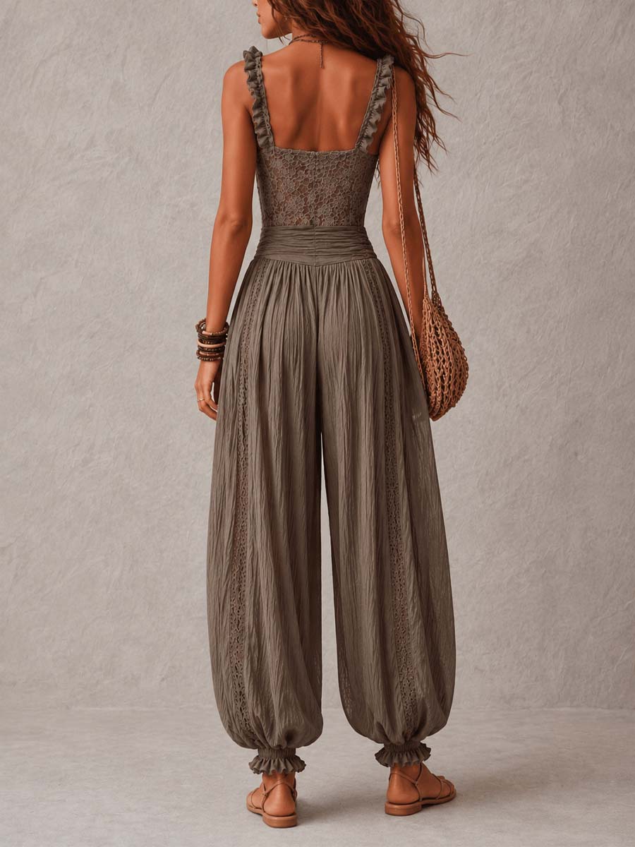 Elena | Conjunto de bandeau de encaje gris y pantalones harem de algodón plisados