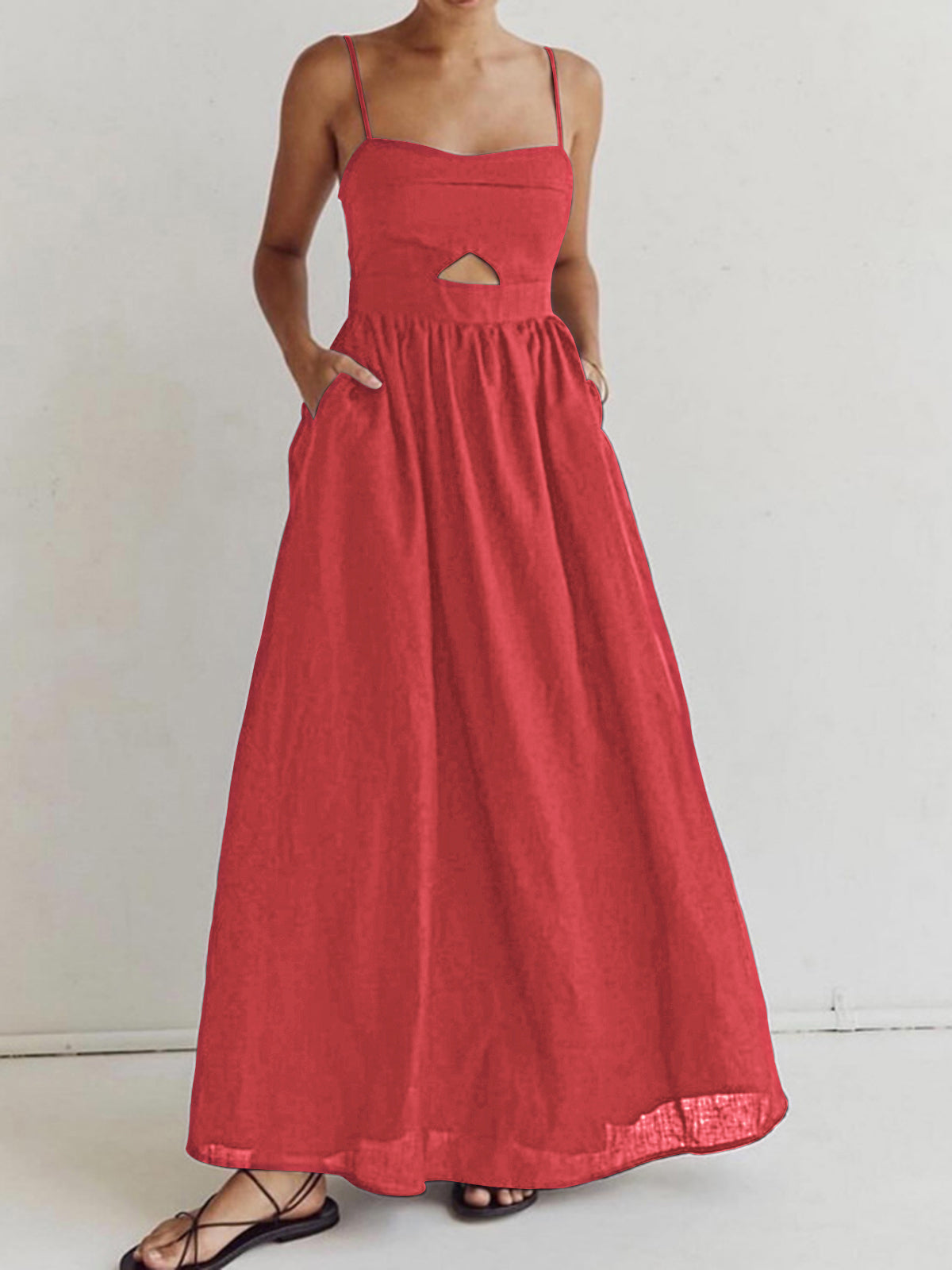Alicia│Vestido largo sin mangas de algodón con bolsillos y aberturas