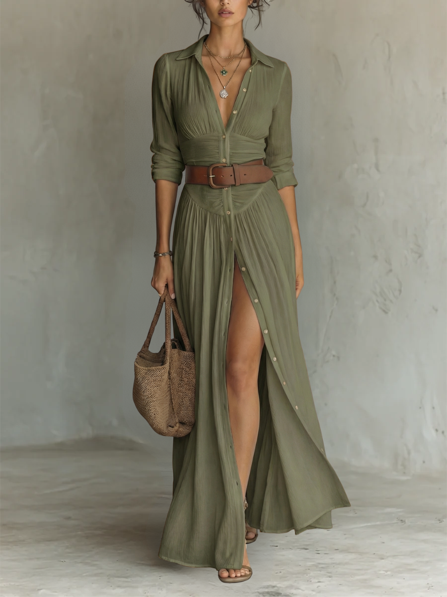 Pamela | Vestido camisero largo con cinturón