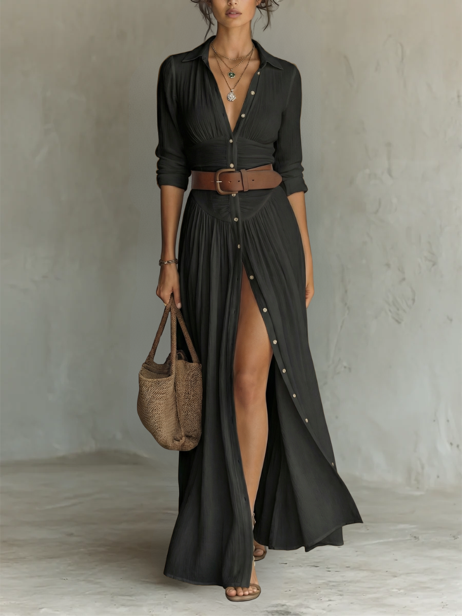 Pamela | Vestido camisero largo con cinturón