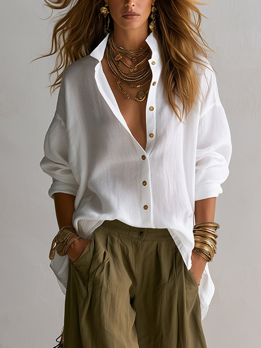 Adriana | Conjunto de Camisa Blanca y Pantalón Verde de Pierna Ancha
