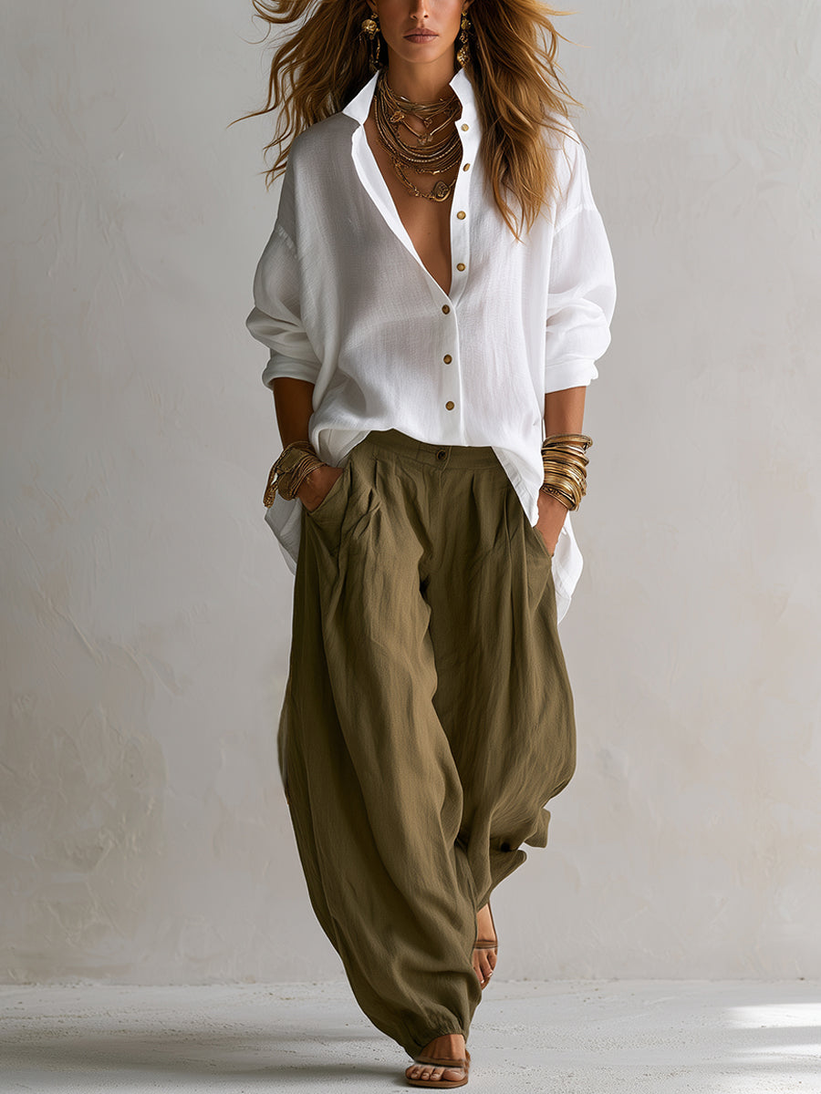 Adriana | Conjunto de Camisa Blanca y Pantalón Verde de Pierna Ancha
