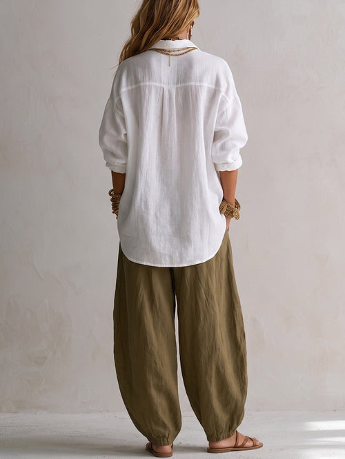 Adriana | Conjunto de Camisa Blanca y Pantalón Verde de Pierna Ancha